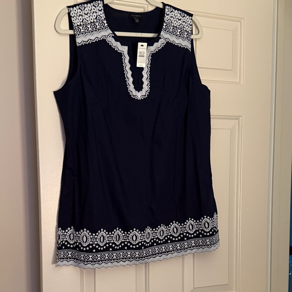 Talbots Navy Sleeveless Top with White Embroidery